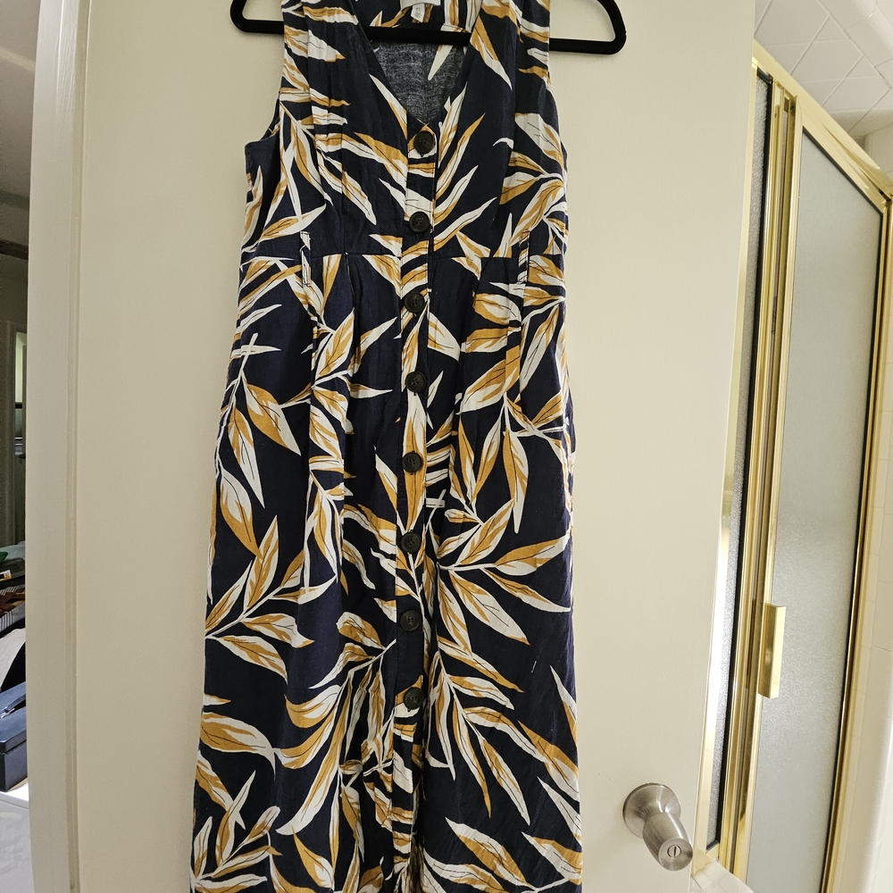 J.O.A. Navy and Yellow Leaf Print Dress